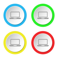 Laptop icon, set of round colored flat icons. Circle button.