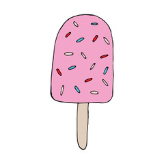 Vector hand draw illustration on white background. Cold icecream. Hello summer, beach, sun. black and white.