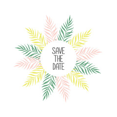 Vector frame with tropical leaves and lettering - Sun, please. Cartoon style. Colorful illustration with place for your text. Summer banner. tropical frame with leaves on white background.