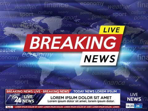 Breaking news. Breaking news screen saver live on world map background. Vector illustration.