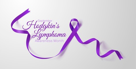 Hodgkin's Lymphoma Awareness Calligraphy Poster Design. Realistic Violet Ribbon. September is Cancer Awareness Month. Vector