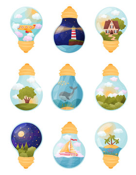 Set of images inside the bulb. Vector illustration
