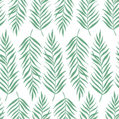 Seamless pattern. Vector hand drawn illustration. Hello summer. Design composition with typography elements. Perfect for print design for textile, poster, greeting card. palm leaves, foliage, tropical