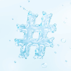 Water splash with water droplets in the form of fluid hashtag sign from water alphabet, isolated on light background. Liquid hashtag fluid design element. Water font concept.  3D render
