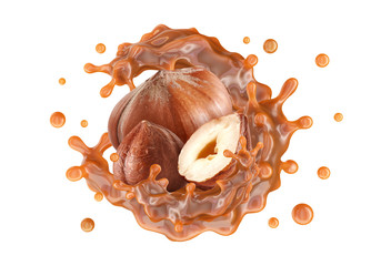 Liquid sweet melted caramel, caramel sauce or boiled condensed milk swirl splash twisted with hazelnuts.  Liquid caramel and hazel nuts template. Ad design element isolated. 3D render