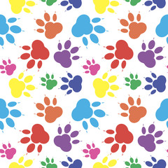 Fototapeta na wymiar Paw background. Seamless colored pattern silhouettes of paw, cat's feet, dog's footprint. Multicolor on a white background. 