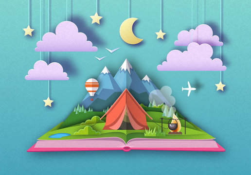 Open Fairy Tale Book With Mountains Landscape And Camping. Cut Out Paper Art Style Design