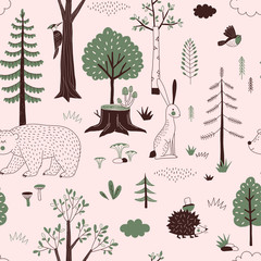 Summer Forest seamless vector pattern. Woody landscape with Hedgehog Bear Hare creatures repeatable background. Woodland childish print in Scandinavian decorative style. Cute forest animal backdrop.