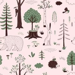 Acrylic prints Forest animals Summer Forest seamless vector pattern. Woody landscape with Hedgehog Bear Hare creatures repeatable background. Woodland childish print in Scandinavian decorative style. Cute forest animal backdrop.