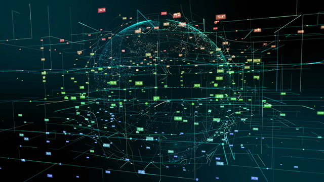 Planet Earth Cyberspace Particle Abstract Motion. Digital Continents Hologram Colorful Fly Dots Data World Network Map. Planet Rotation Outer Space Exploration Business Concept 3D Animation