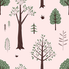 Summer Forest seamless vector pattern. Woody landscape with plant and trees repeatable background. Woodland childish print in Scandinavian decorative style. Cute forest print for children fashion