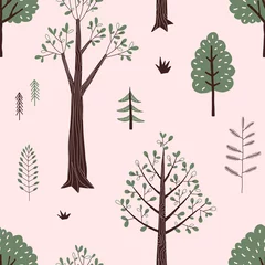 Photo sur Plexiglas Style scandinave Modèle vectorielle continue de forêt d& 39 été. Paysage boisé avec fond reproductible de plantes et d& 39 arbres. Imprimé enfantin des bois dans un style décoratif scandinave. Impression de forêt mignonne pour la mode des enfants