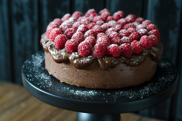 Chocolate Cheesecake with Chocolate Sauce and Raspberries