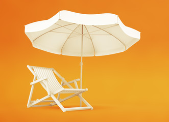 One-Person Vacation Spot. Beach chair and parasol on yellow / orange background. 3D rendering graphics on the subject of 'Summer Recreation'.
