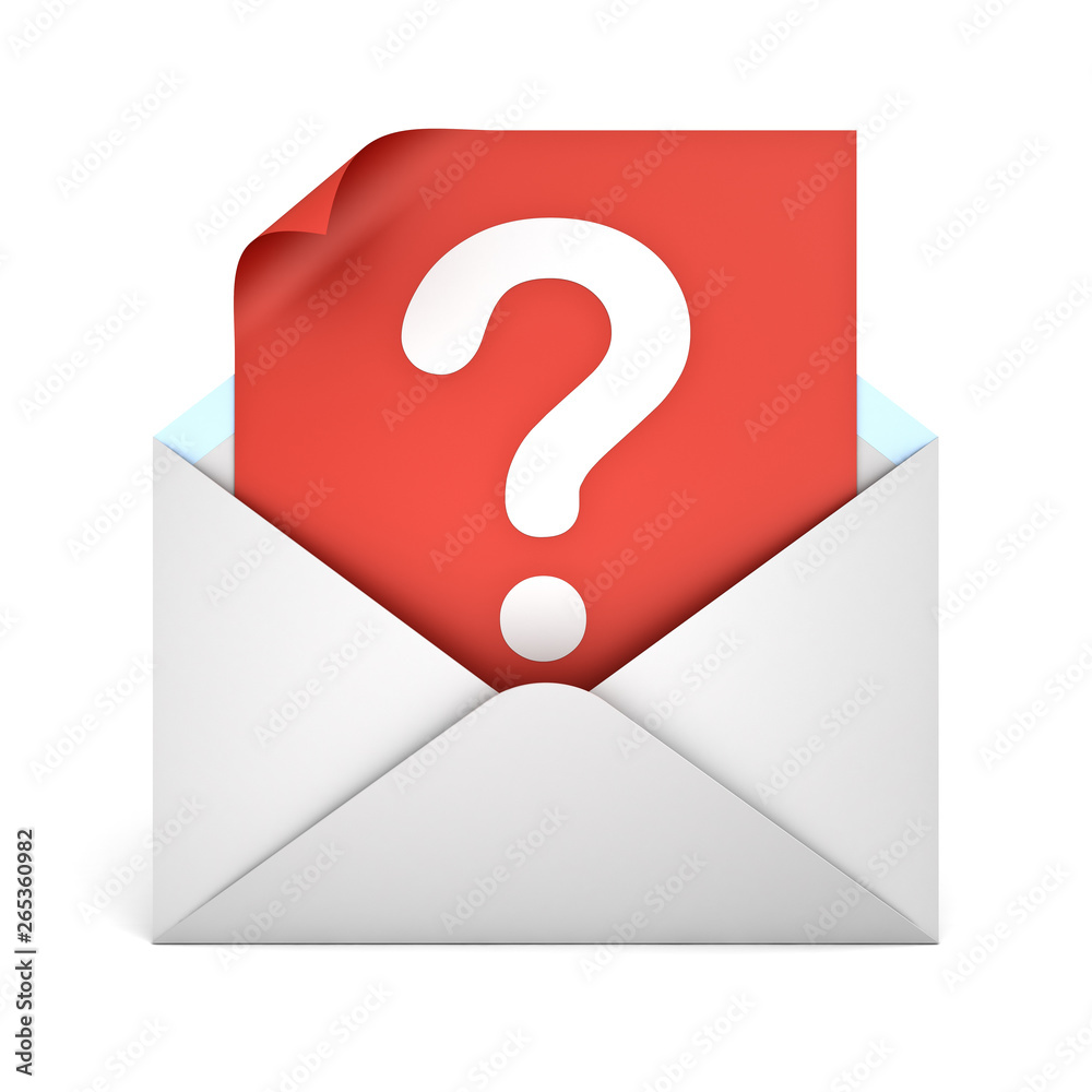 Poster Question mark on red paper in white envelope opening isolated on white background with shadow 3D rendering