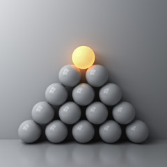 Stand out from the crowd and Leadership creative idea concepts One luminous sphere shining on top of the other dim spheres on white wall background with reflections and shadows 3D rendering