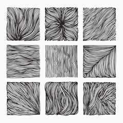 Fototapeta na wymiar Hand drawn wavy linear textures made with ink. Graphic design template collection. Swirl, curl, wavy stripe, abstract line drawing, organic background, linear graphic pattern. Isolated vector set.