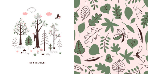 Forest wildlife childish fashion textile graphics set with t-shirt print and accompanied tileable background in decorative Scandinavian style. Woody landscape scene illustration. Woodland Tree Leaves © AngellozOlga
