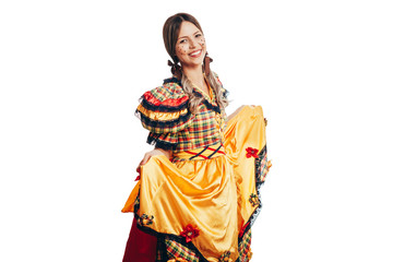 Brazilian woman wearing typical clothes for the Festa Junina dancing isolated on white background