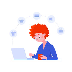 Young woman shop online using laptop. Online shopping concept. Web templates. Vector illustration in flat design style