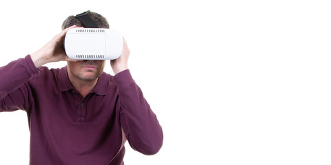 man using VR headset in white background copy space for web banner template