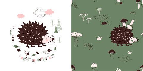 Forest wildlife childish fashion textile graphics set with t-shirt print and accompanied tileable background in decorative Scandinavian style. Cute little hedgehog illustration with lettering © AngellozOlga