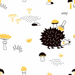 Autumn Forest seamless vector pattern. Hedgehog collecting mushrooms repeatable background. Woodland childish print in Scandinavian decorative style. Cute forest animal backdrop.