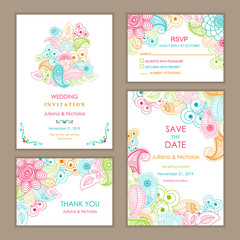 Fototapeta na wymiar Wedding Invitation, with rsvp, save the date and thank you card ethnic style. Summer pattern of flowers and leaves.Vector illustration.