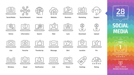 Social media network editable stroke outline icon set part 1 with global internet website, digital business and marketing technology, web support, message, share and like line symbols.