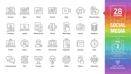 Social media network editable stroke outline icon set part 2 with global internet digital technology, computer, laptop and mobile device, web content: blog, photo, picture, video and music line sign.