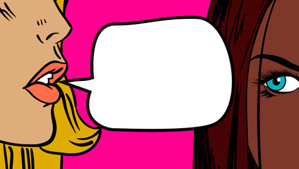 Comic style poster with girl character and blank talk bubble.