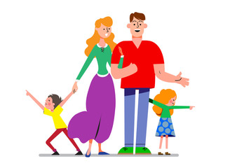 Cartoon style poster with family - mother, father, boy, girl.