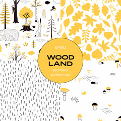 Forest wildlife childish vector seamless pattern set. Woody landscape with Hedgehog Bear Hare creatures repeatable print. Autumn Mushroom harvest background. Woodland tree leaves flat backdrop. Simple