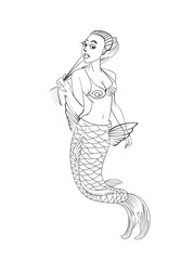 Mermaid character in cartoon style. Line art design.