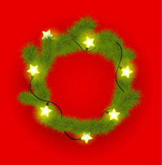 Christmas holiday background with fir tree wreath and star lanterns