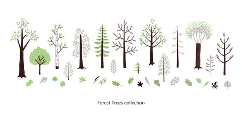 Forest trees and leaves vector clip-art set. Woodland flora in Scandinavian decorative style. Woody park plant isolated on white collection. © AngellozOlga
