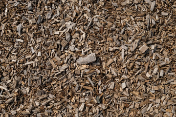 Abstract background image of wood chips mulch on ground. Brown mulch isolated on ground. Minimal nature background.