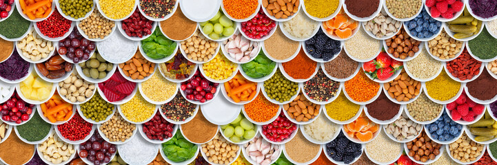 Früchte Beeren Gemüse Obst Nüsse Gewürze Zutaten Hintergrund von oben