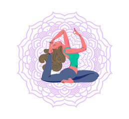 Cartoon style girl in yoga pose. Poster for yoga class advertisement design.