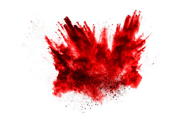 Freeze motion of red powder exploding, isolated on white background. Abstract design of red dust cloud. Particles explosion screen saver, wallpaper