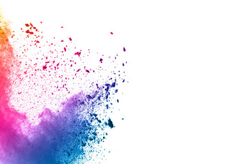abstract powder splatted background. Colorful powder explosion on white background. Colored cloud. Colorful dust explode. Paint Holi.
