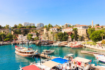 Mediterranean landscape in Antalya. View of the mountains, sea, yachts and the city - Antalya,...