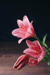 bouquet of pink lily flowers in the rays of light on a black background on a wooden rustic table. fresh buds of a flowering plant close-up, copy space. studio shot. the plot of the holiday card
