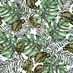 Tropical green monstera palm leaves background. Vector seamless pattern. Jungle foliage illustration. Exotic greenery plants. Summer beach floral design. Paradise nature