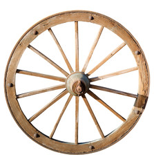 isolated on white background old wheel of a wooden agricultural cart