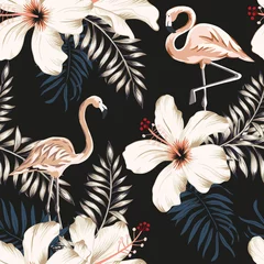Tapeten Hibiskus Flamingo, Palmblätter, weiße Hibiskusblüten, schwarzer Hintergrund. Vektor nahtlose Blumenmuster. Tropische Abbildung. Exotische Pflanzen und Vögel. Sommerstranddesign. Paradies Natur