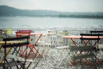 Chairs and tables for cafe on the beach