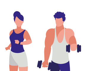 athletic man weight lifting and woman running