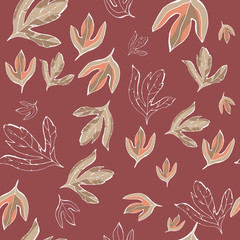 Leaves Seamless Pattern. Vector seamless pattern with graphic leaves for textile print,fabric, wallpaper, page fill, wrapping paper, web design. floral backdrop. Hand drawn. red background
