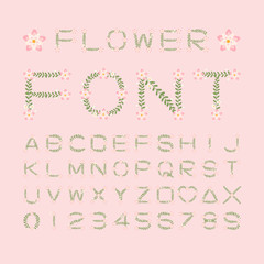 Isolated flower font alphabet character with number and symbol, Vector floral wreath ivy style with branch and leaves.